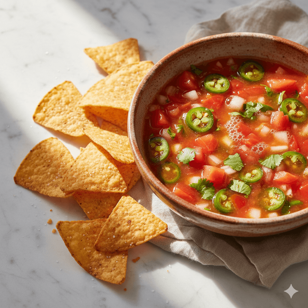 Lacto-fermented salsa in a bowl with tortilla chips — probiotic salsa recipe