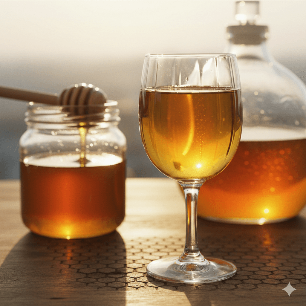 Glass of golden homemade mead with honey — how to make mead at home