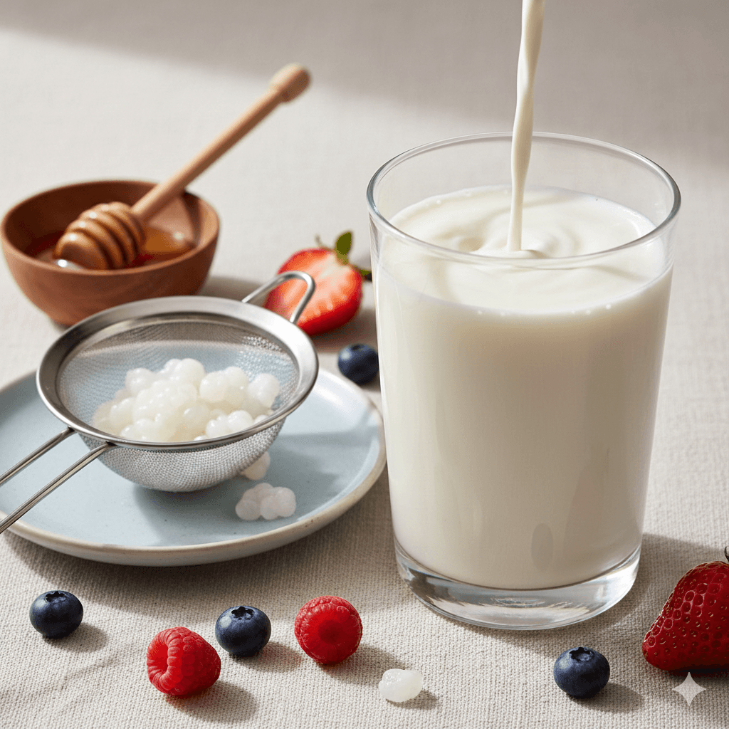Creamy homemade milk kefir in a glass with kefir grains — probiotic drink recipe