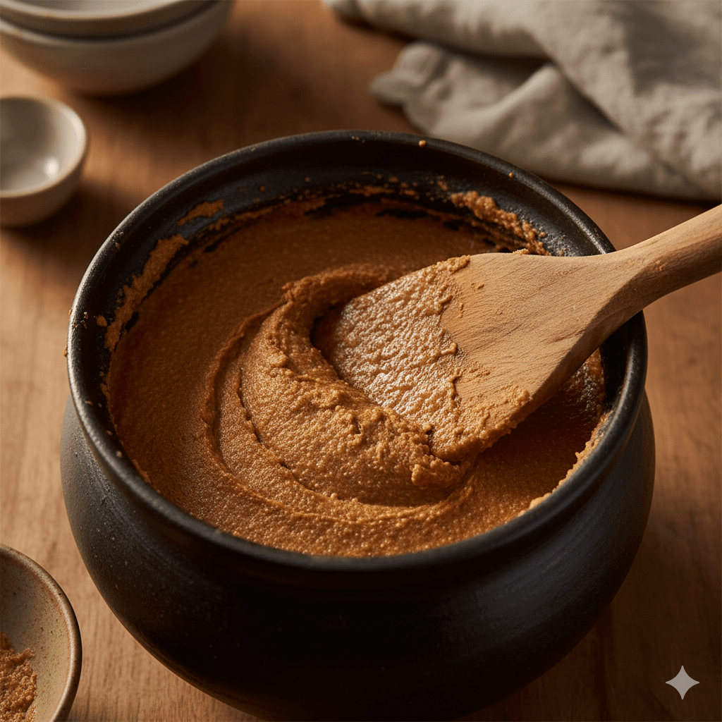 Rich homemade miso paste in a ceramic crock — how to make miso from scratch