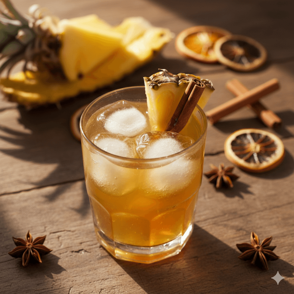 Glass of golden Mexican tepache with pineapple — fermented pineapple drink recipe
